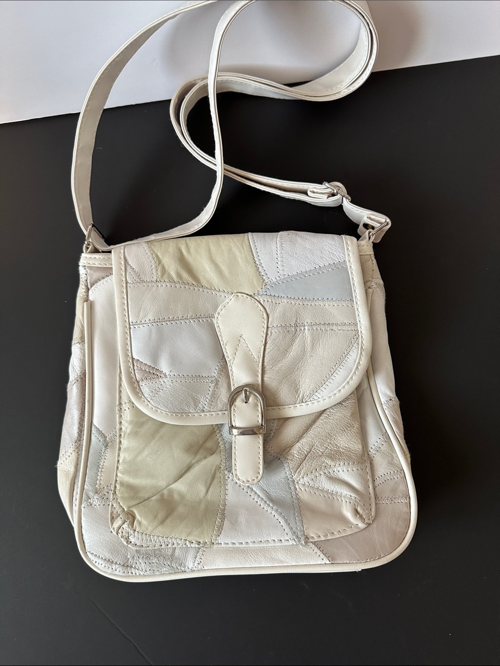 Patchwork White and Cream Lambskin Leather Crossbody Bag - Classic Everyday